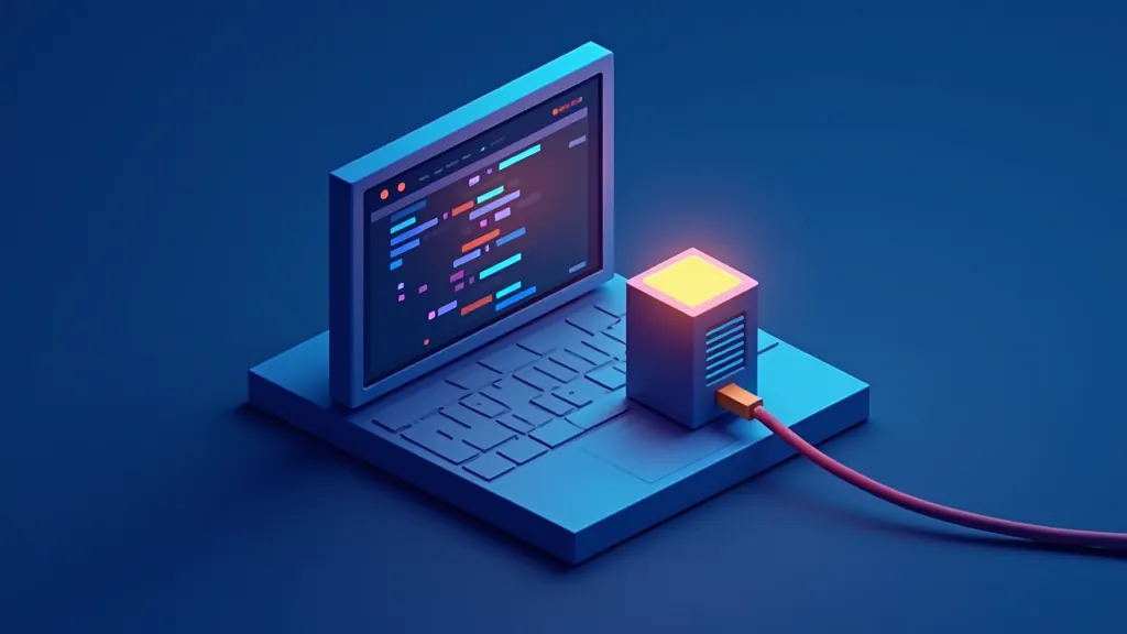 Abstract code editor connected by a cable to a glowing server cube, representing a VS Code LLM API connection