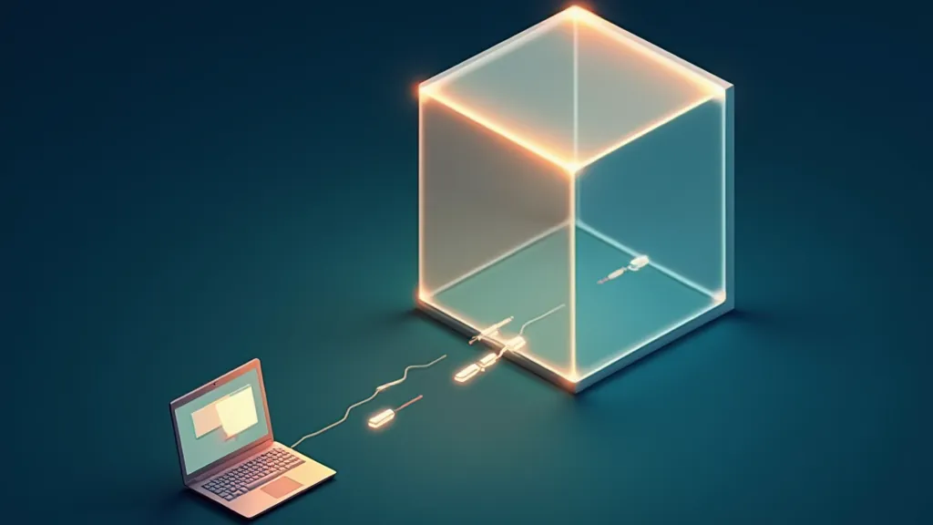 Isometric illustration of a laptop sending data packets to a glowing cube that represents an LLM API